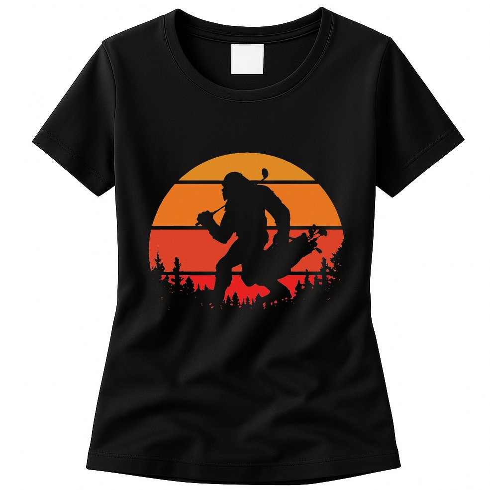 Funny Bigfoot Golf Retro Sasquatch Playing Golf Womens T-Shirt