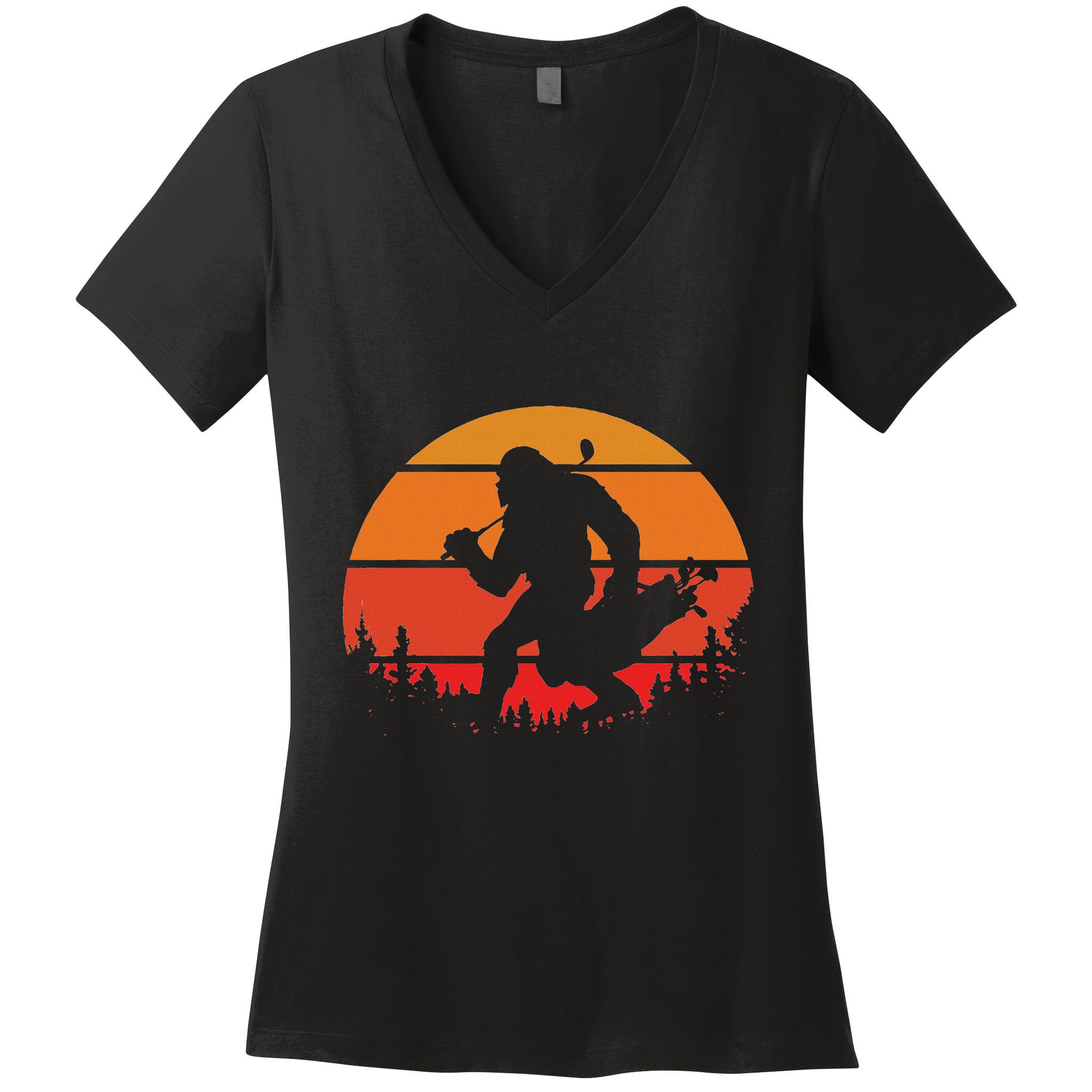 Funny Bigfoot Golf Retro Sasquatch Playing Golf Women's V-Neck T-Shirt