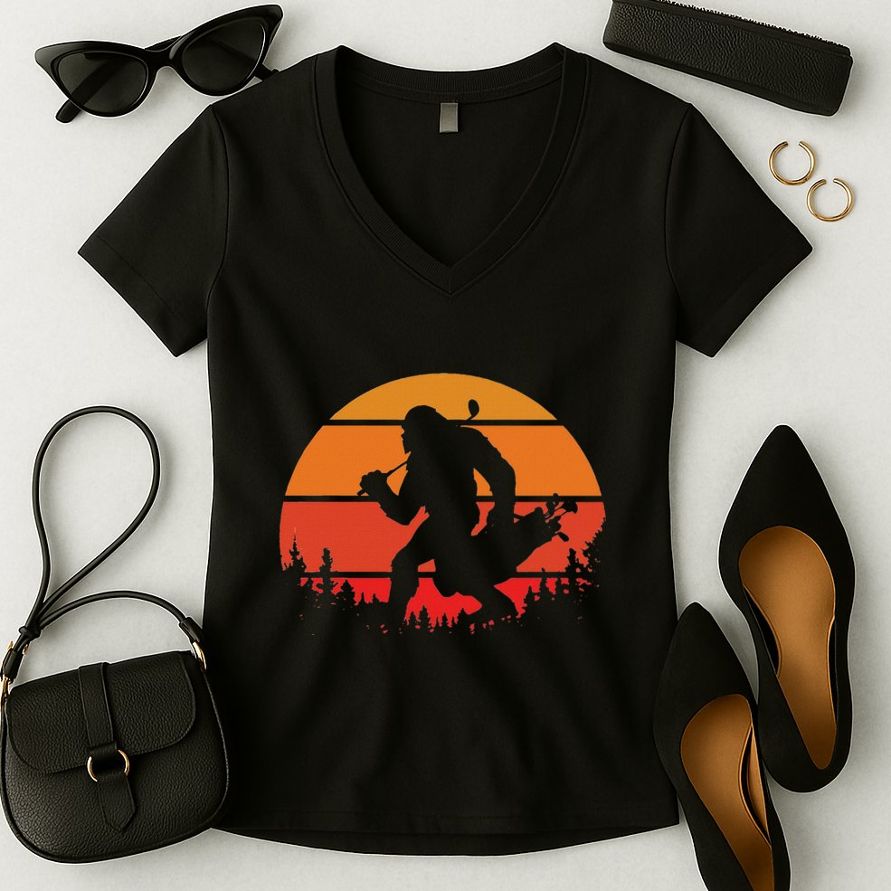 Funny Bigfoot Golf Retro Sasquatch Playing Golf Women's V-Neck T-Shirt