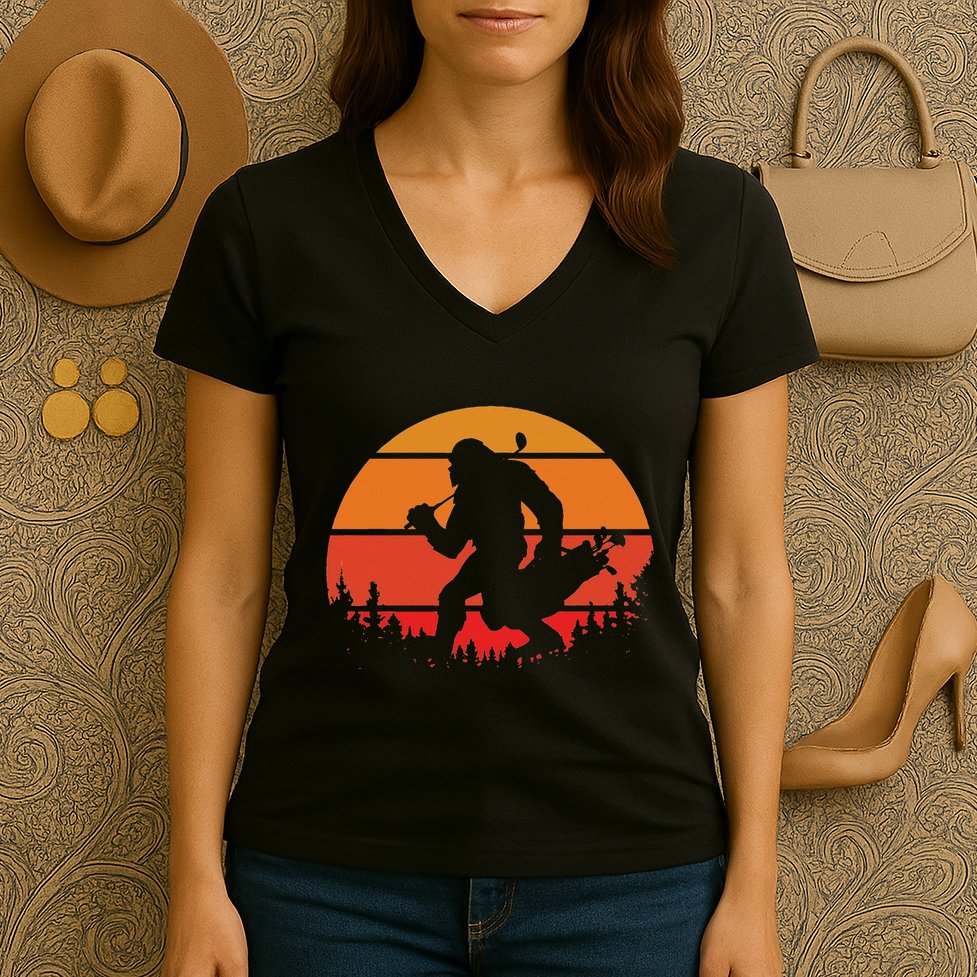 Funny Bigfoot Golf Retro Sasquatch Playing Golf Women's V-Neck T-Shirt