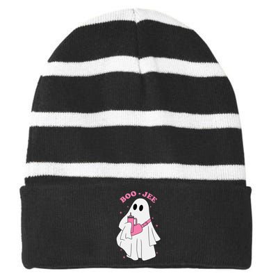 Funny Boojee Ghost Halloween Boo Jee Ghost Spooky Season Striped Beanie with Solid Band