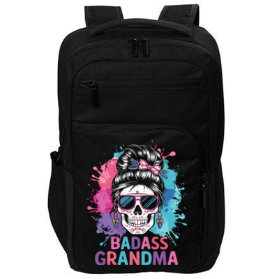 Funny Badass Grandma Messy Bun Skull For Grandmother Gift Impact Tech Backpack