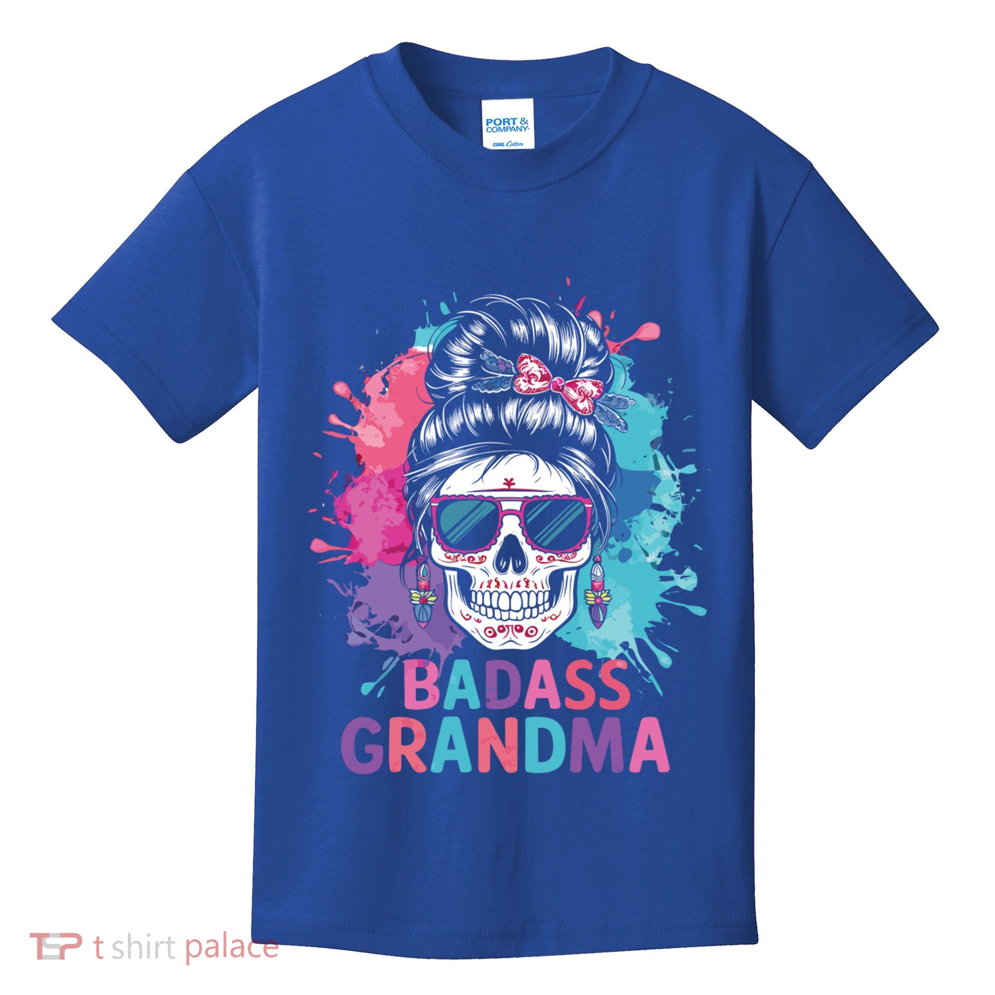 Funny Badass Grandma Messy Bun Skull For Grandmother Gift Kids T-Shirt