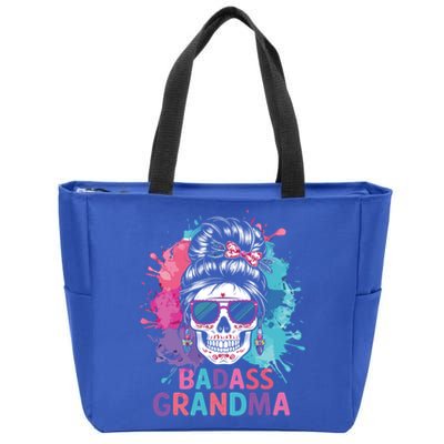 Funny Badass Grandma Messy Bun Skull For Grandmother Gift Zip Tote Bag