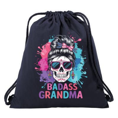 Funny Badass Grandma Messy Bun Skull For Grandmother Gift Drawstring Bag