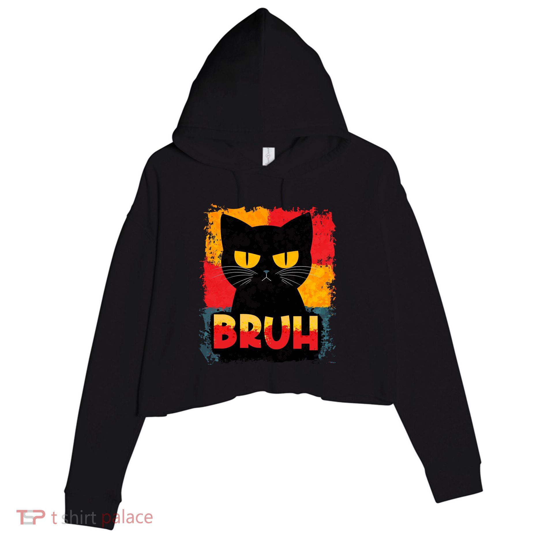Funny Bruh Grumpy Black Cat Crop Fleece Hoodie