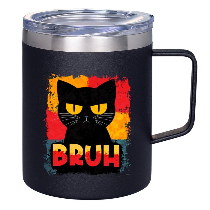Funny Bruh Grumpy Black Cat 12oz Stainless Steel Coffee Mug