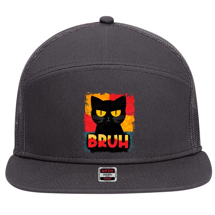 Funny Bruh Grumpy Black Cat 7 Panel Mesh Trucker Snapback Hat