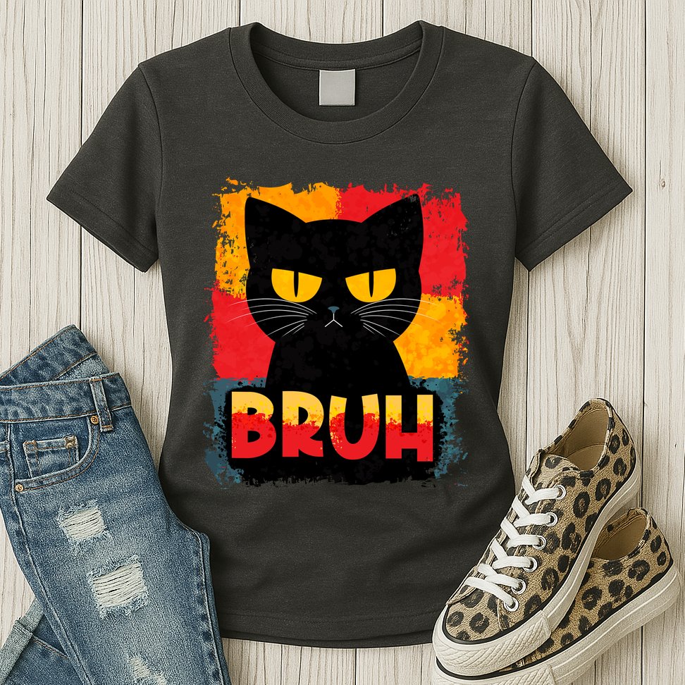 Funny Bruh Grumpy Black Cat Womens T-Shirt