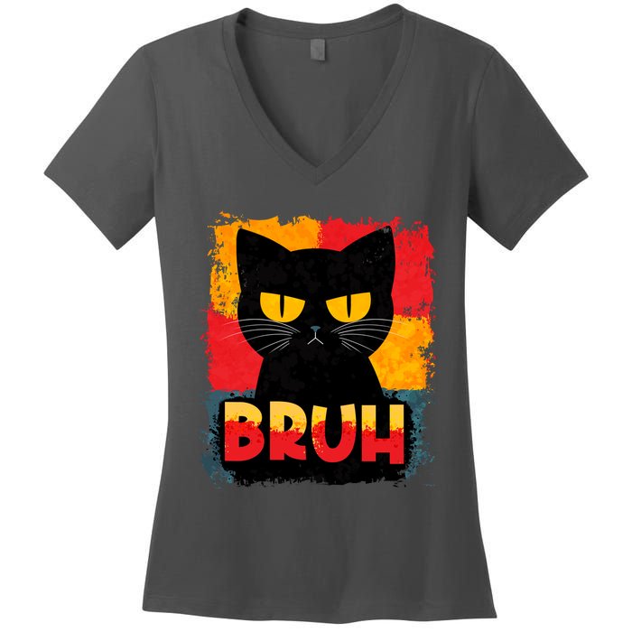 Funny Bruh Grumpy Black Cat Women's V-Neck T-Shirt