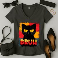 Funny Bruh Grumpy Black Cat Women's V-Neck T-Shirt