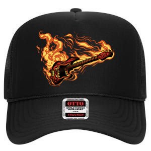 Fire Bass Guitar Rock Musician High Crown Mesh Back Trucker Hat