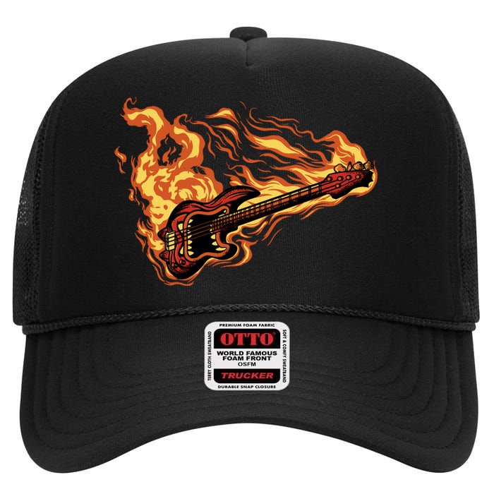 Fire Bass Guitar Rock Musician High Crown Mesh Back Trucker Hat