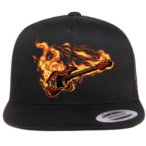 Fire Bass Guitar Rock Musician Flat Bill Trucker Hat