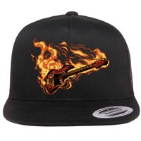 Fire Bass Guitar Rock Musician Flat Bill Trucker Hat