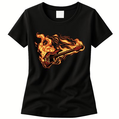 Fire Bass Guitar Rock Musician Womens T-Shirt