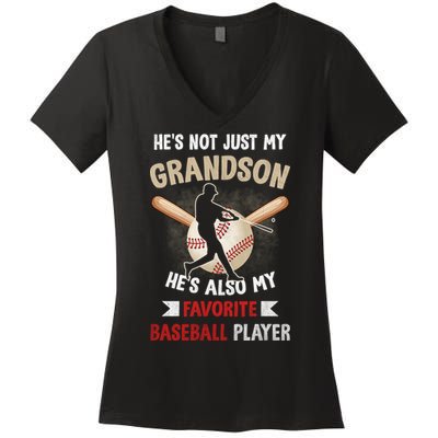 Funny Baseball Grandpa Grandson My Favorite Baseball Player Women's V-Neck T-Shirt