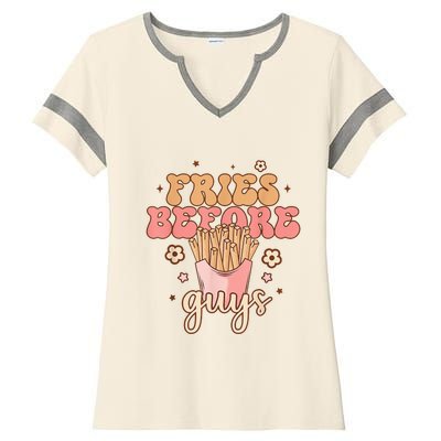 Fries Before Guys Funny Valentine's Day Retro Holiday Ladies Halftime Notch Neck Tee