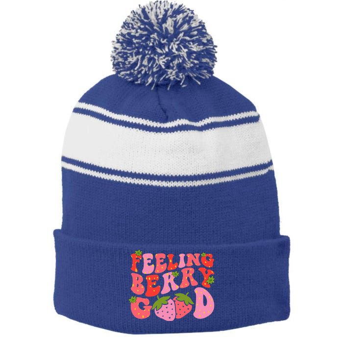 Feeling Berry Good Strawberry Festival Season Stripe Pom Pom Beanie