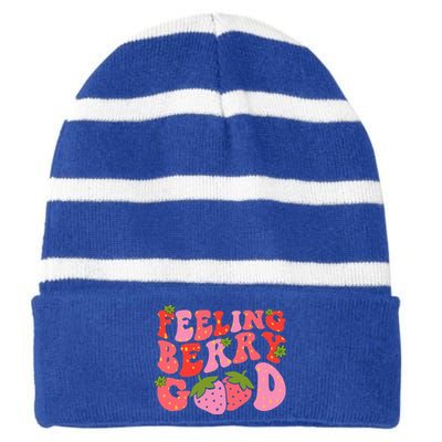 Feeling Berry Good Strawberry Festival Season Striped Beanie with Solid Band