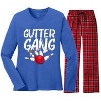 Funny Bowling Gift For Men Women Cool Funny Gutter Gang Bowlers Gift Women's Long Sleeve Flannel Pajama Set 