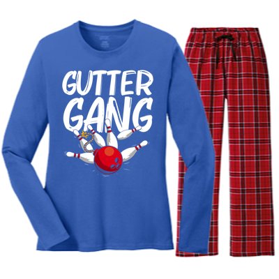 Funny Bowling Gift For Men Women Cool Funny Gutter Gang Bowlers Gift Women's Long Sleeve Flannel Pajama Set 