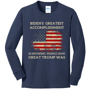 Funny BidenS Greatest Accomplishment Is Showing Trump 2024 Kids Long Sleeve Shirt