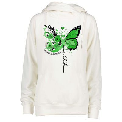 Faith Butterfly Green Ribbon Liver Cancer Awareness Womens Funnel Neck Pullover Hood