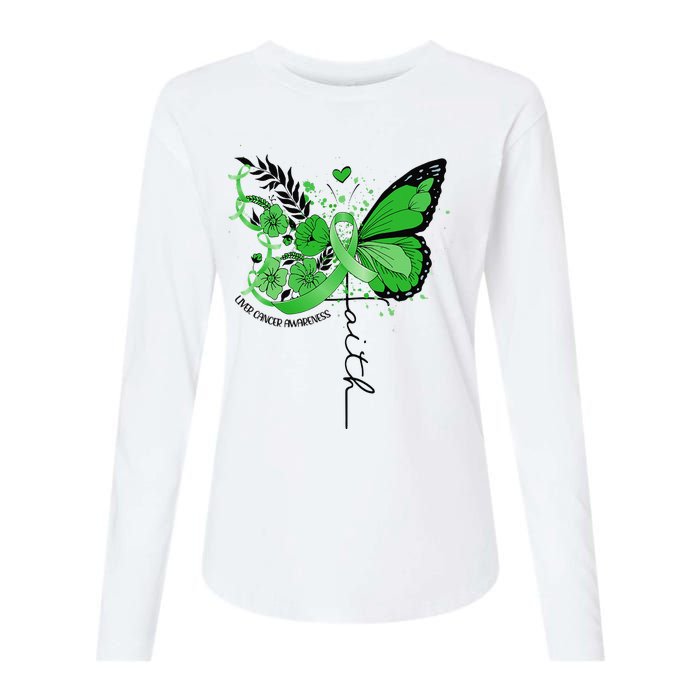 Faith Butterfly Green Ribbon Liver Cancer Awareness Womens Cotton Relaxed Long Sleeve T-Shirt