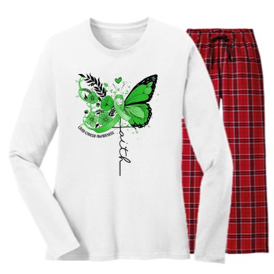 Faith Butterfly Green Ribbon Liver Cancer Awareness Women's Long Sleeve Flannel Pajama Set 