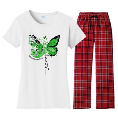 Faith Butterfly Green Ribbon Liver Cancer Awareness Women's Flannel Pajama Set