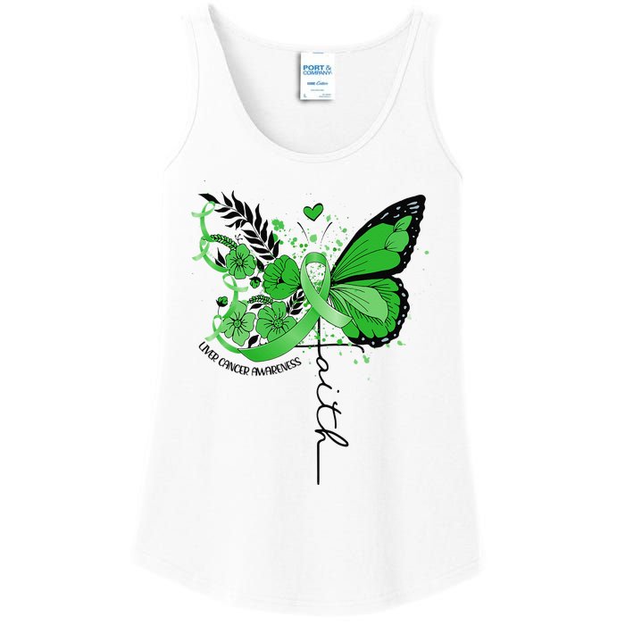 Faith Butterfly Green Ribbon Liver Cancer Awareness Ladies Essential Tank