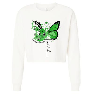 Faith Butterfly Green Ribbon Liver Cancer Awareness Cropped Pullover Crew