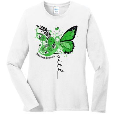 Faith Butterfly Green Ribbon Liver Cancer Awareness Ladies Long Sleeve Shirt