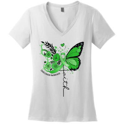 Faith Butterfly Green Ribbon Liver Cancer Awareness Women's V-Neck T-Shirt