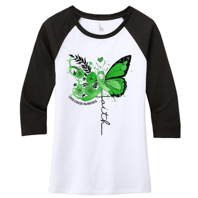 Faith Butterfly Green Ribbon Liver Cancer Awareness Women's Tri-Blend 3/4-Sleeve Raglan Shirt