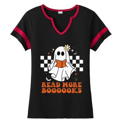 Funny Booooks Ghost Read More Books Cute Teacher Halloween Ladies Halftime Notch Neck Tee