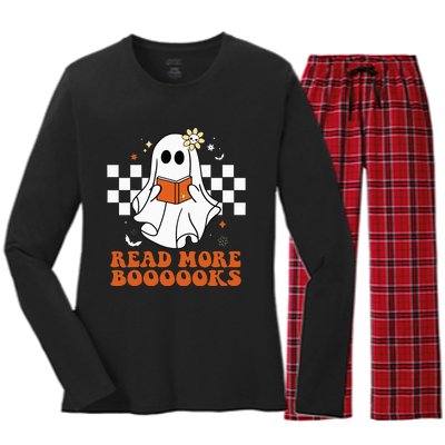 Funny Booooks Ghost Read More Books Cute Teacher Halloween Women's Long Sleeve Flannel Pajama Set 