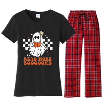 Funny Booooks Ghost Read More Books Cute Teacher Halloween Women's Flannel Pajama Set