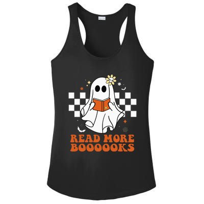 Funny Booooks Ghost Read More Books Cute Teacher Halloween Ladies PosiCharge Competitor Racerback Tank