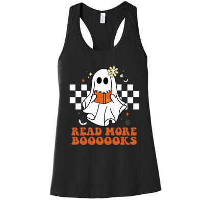 Funny Booooks Ghost Read More Books Cute Teacher Halloween Women's Racerback Tank