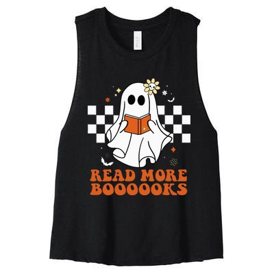 Funny Booooks Ghost Read More Books Cute Teacher Halloween Women's Racerback Cropped Tank