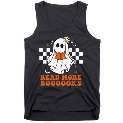 Funny Booooks Ghost Read More Books Cute Teacher Halloween Tank Top