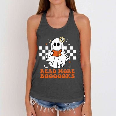 Funny Booooks Ghost Read More Books Cute Teacher Halloween Women's Knotted Racerback Tank