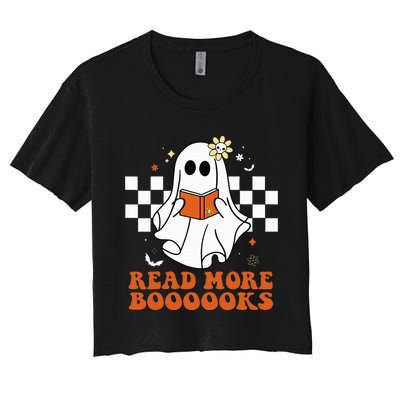 Funny Booooks Ghost Read More Books Cute Teacher Halloween Women's Crop Top Tee