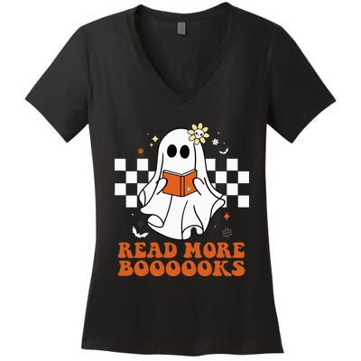 Funny Booooks Ghost Read More Books Cute Teacher Halloween Women's V-Neck T-Shirt