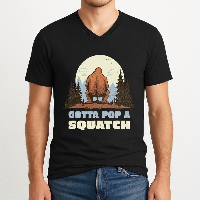 Funny Bigfoot Gotta Pop A Squatch Sasquatch Poop Joke Pun V-Neck T-Shirt