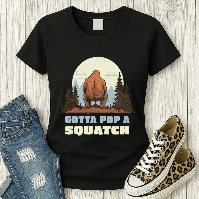Funny Bigfoot Gotta Pop A Squatch Sasquatch Poop Joke Pun Womens T-Shirt