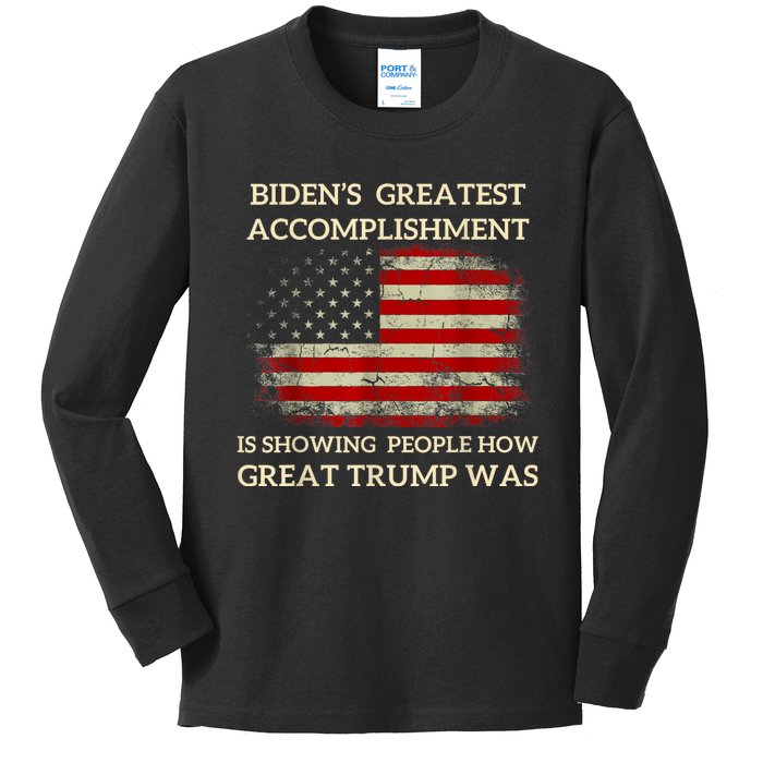 Funny BidenS Greatest Accomplishment Is Showing Trump 2024 Kids Long Sleeve Shirt