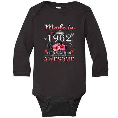 Funny Birthday Gifts Made In 1962 Floral 60th Birthday Baby Long Sleeve Bodysuit